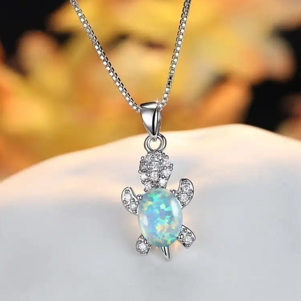 “Just Keep Swimming” White Opal Jewel Turtle Ocean Sterling Silver Gift Necklace - Picture 12 of 12